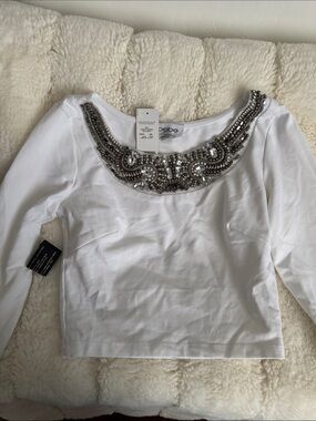 bebe White Jeweled Scoop Neck Crop Top